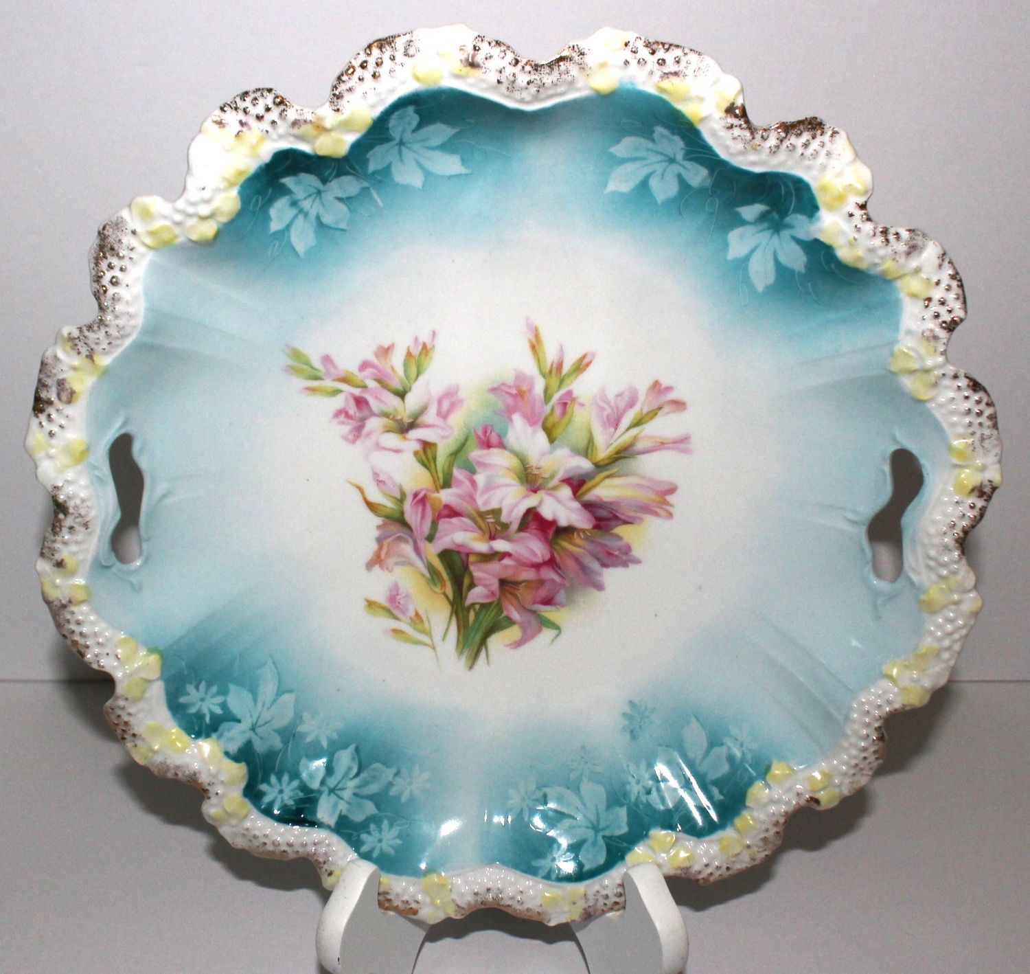 RS Prussia Stippled Edged Blue w/ Pink Flowers 10” Open Handled Bowl, Mold 23