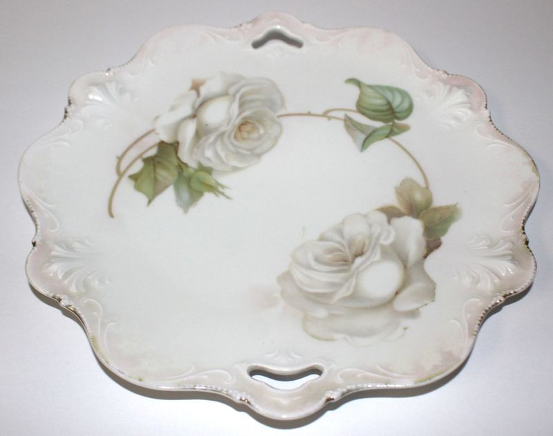 RS Prussia Scalloped Edged White Roses 10” Open Handled Cake Plate, Green Mark