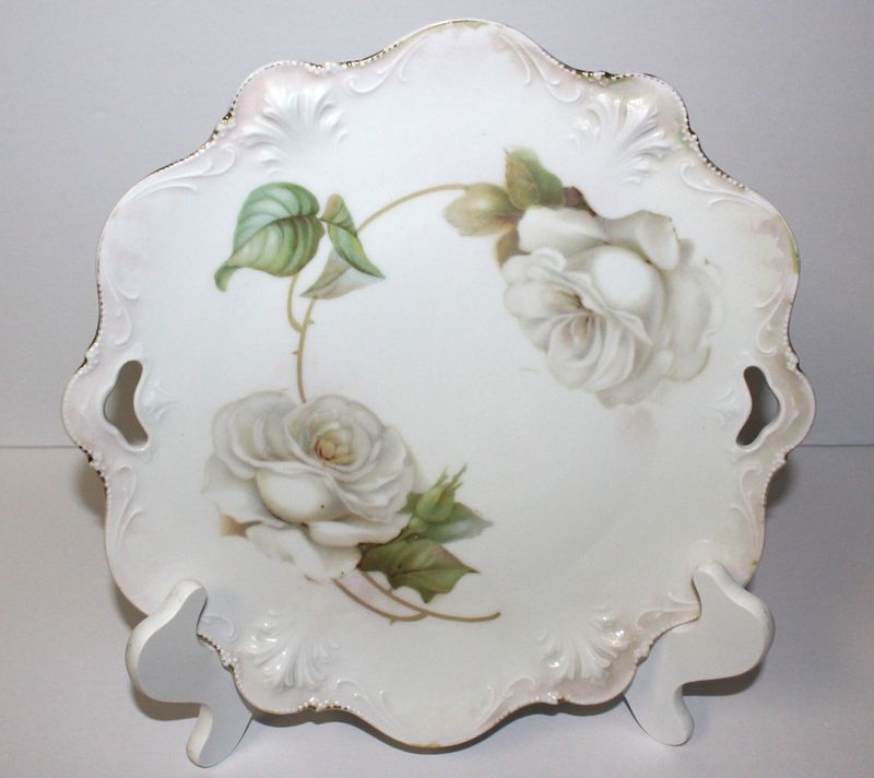 RS Prussia Scalloped Edged White Roses 10” Open Handled Cake Plate, Green Mark