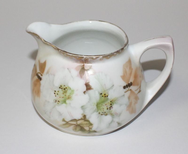 RS Prussia Satin White Floral Porcelain Creamer, Green Mark