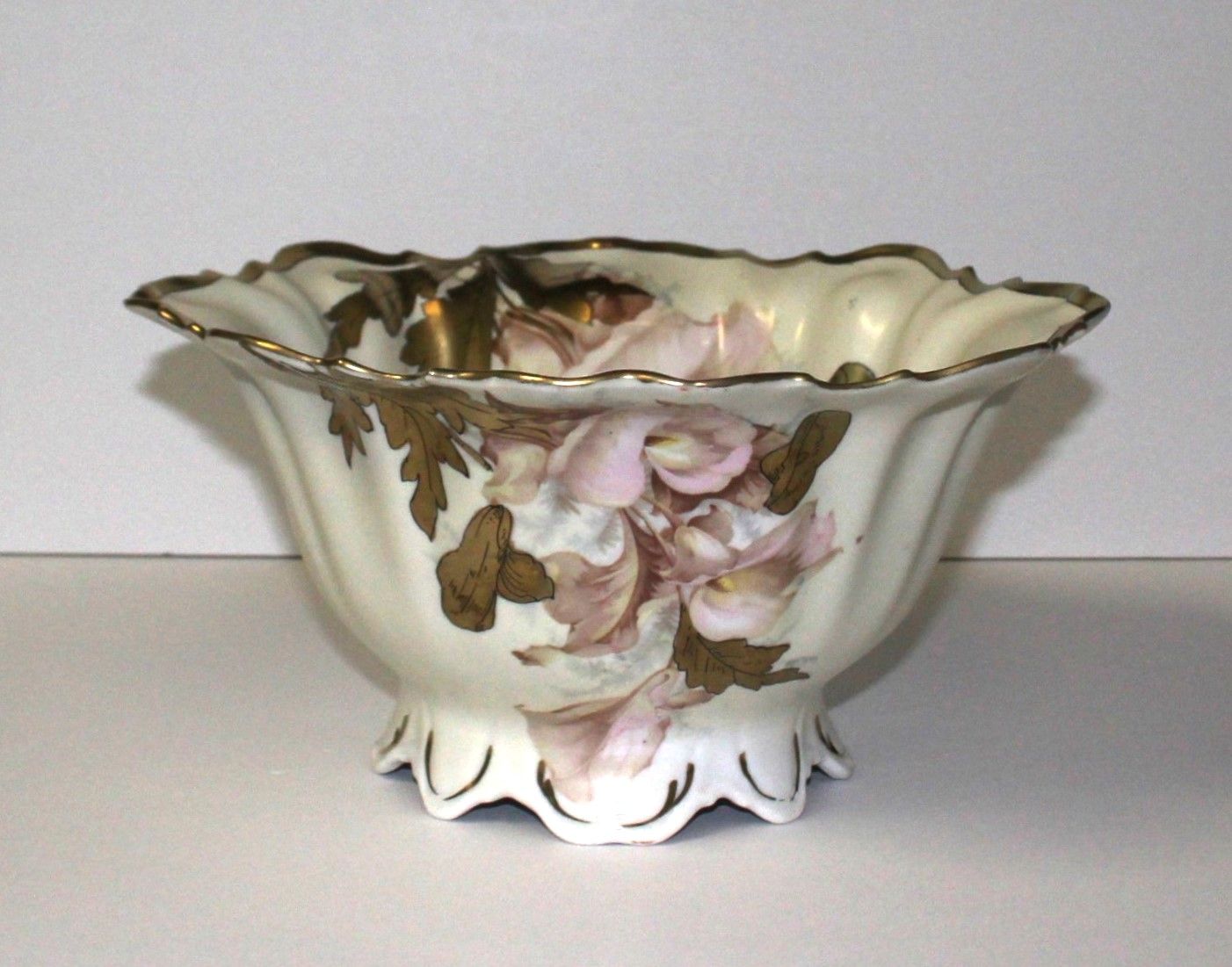 Prussia Hand Painted Floral 10” Footed Compote Bowl - Red Griffin Wing Lion Mark