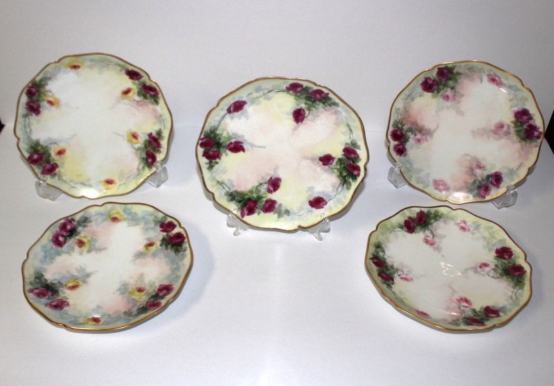 Set of 5 Limoges William Guerin &amp; Co. Rose Floral Sprays 7” Scalloped Plates