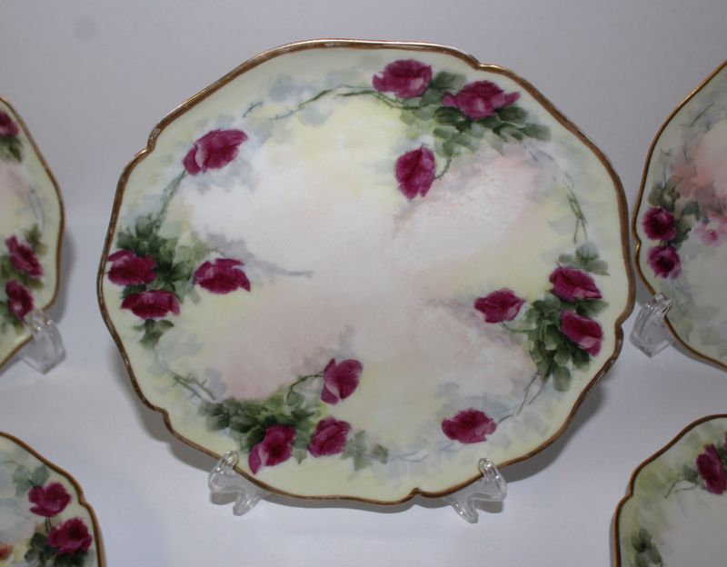 William Guerin &amp; Co. Limoges (Set of 5) Rose Floral Sprays 7” Scalloped Plates