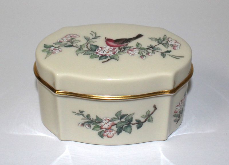 Lenox Serenade Bird and Pink Flowers Oval Trinket Box with Lid