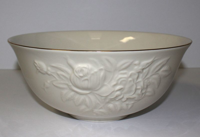 Lenox Ivory Large 10” Serving Bowl with Embossed Roses &amp; Gold Trim