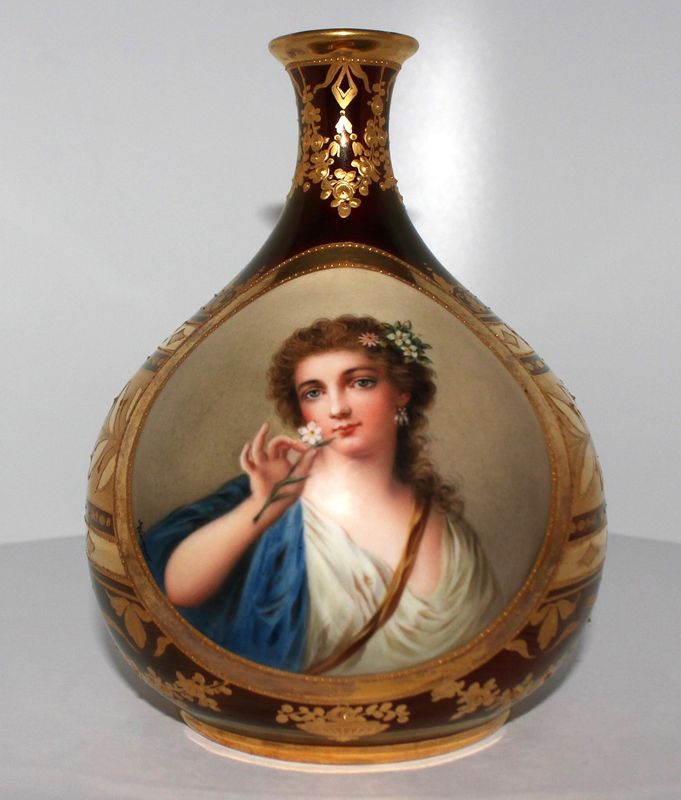Antique Royal Vienna Style Portrait of Madame Pompadour 6&quot; Vase Signed by Wagner