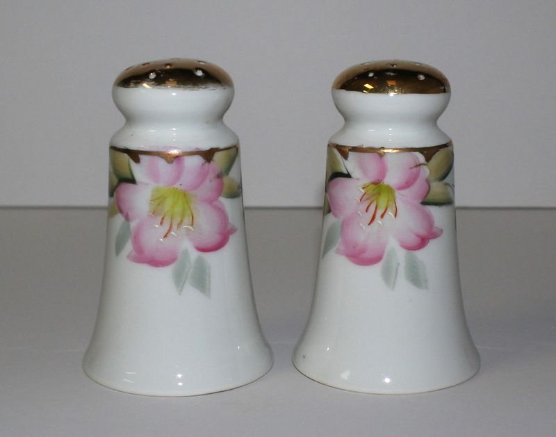 Noritake Azalea Pink Floral Bell Shaped Salt &amp; Pepper Shakers w/ Stoppers