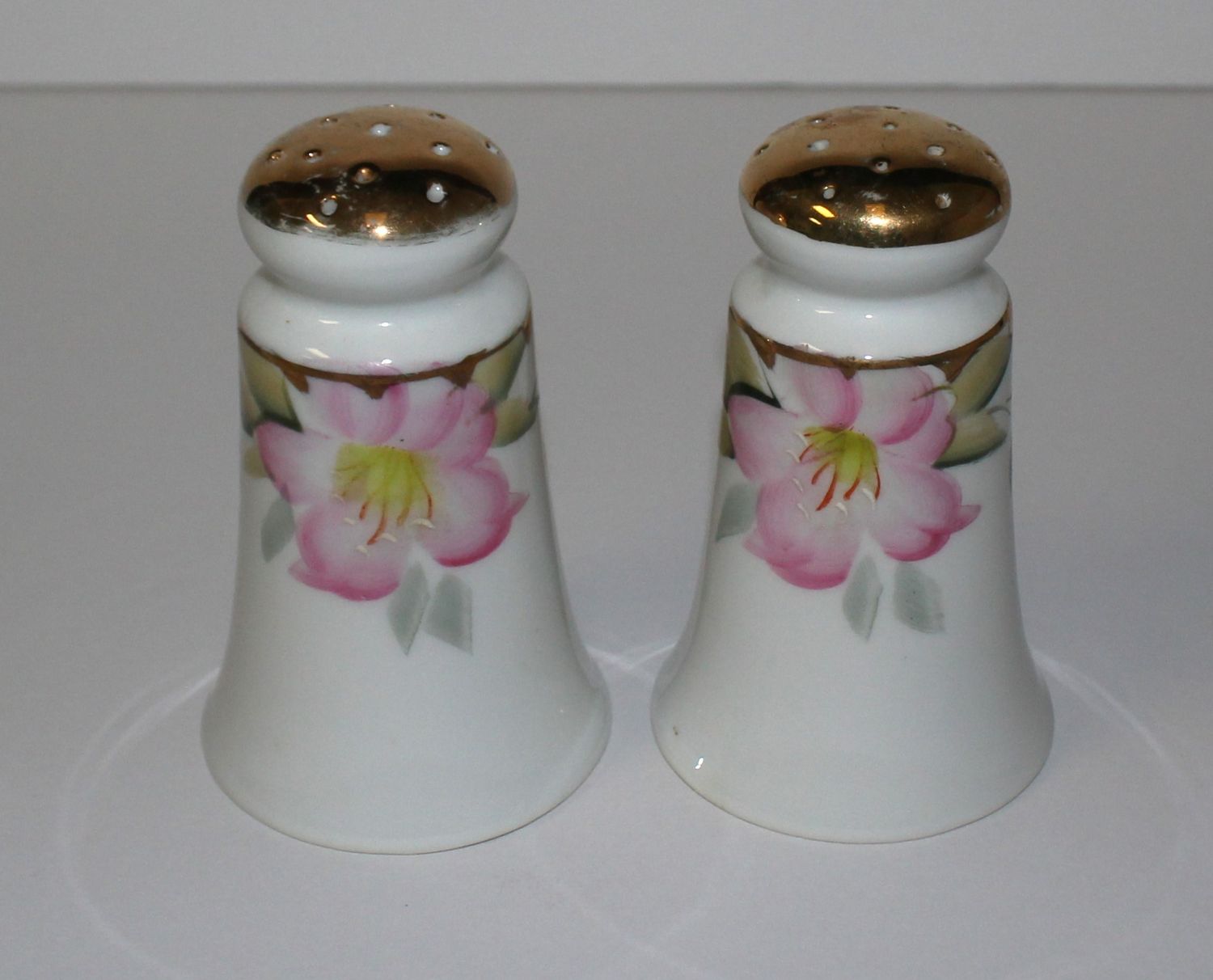 Noritake Azalea Pink Floral Bell Shaped Salt &amp; Pepper Shakers w/ Stoppers