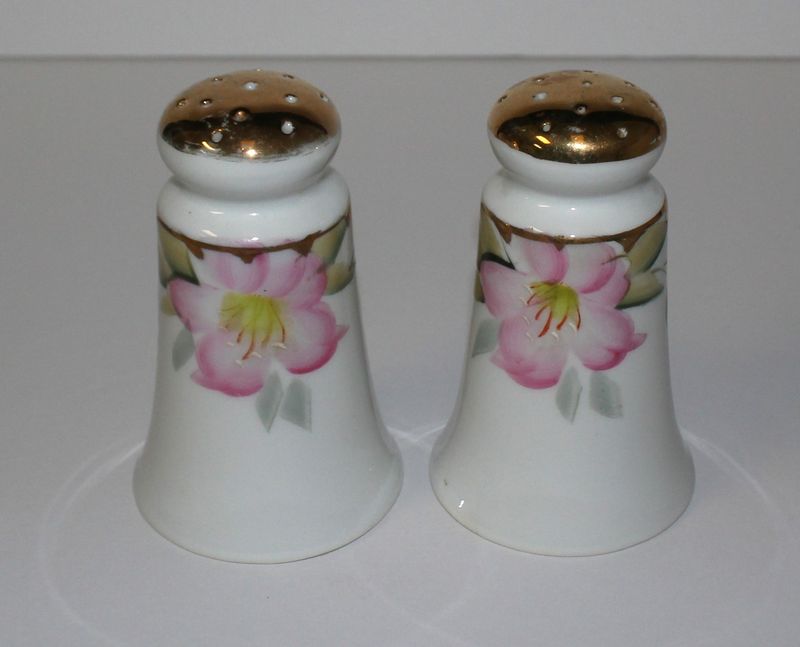 Noritake Azalea Pink Floral Bell Shaped Salt &amp; Pepper Shakers w/ Stoppers