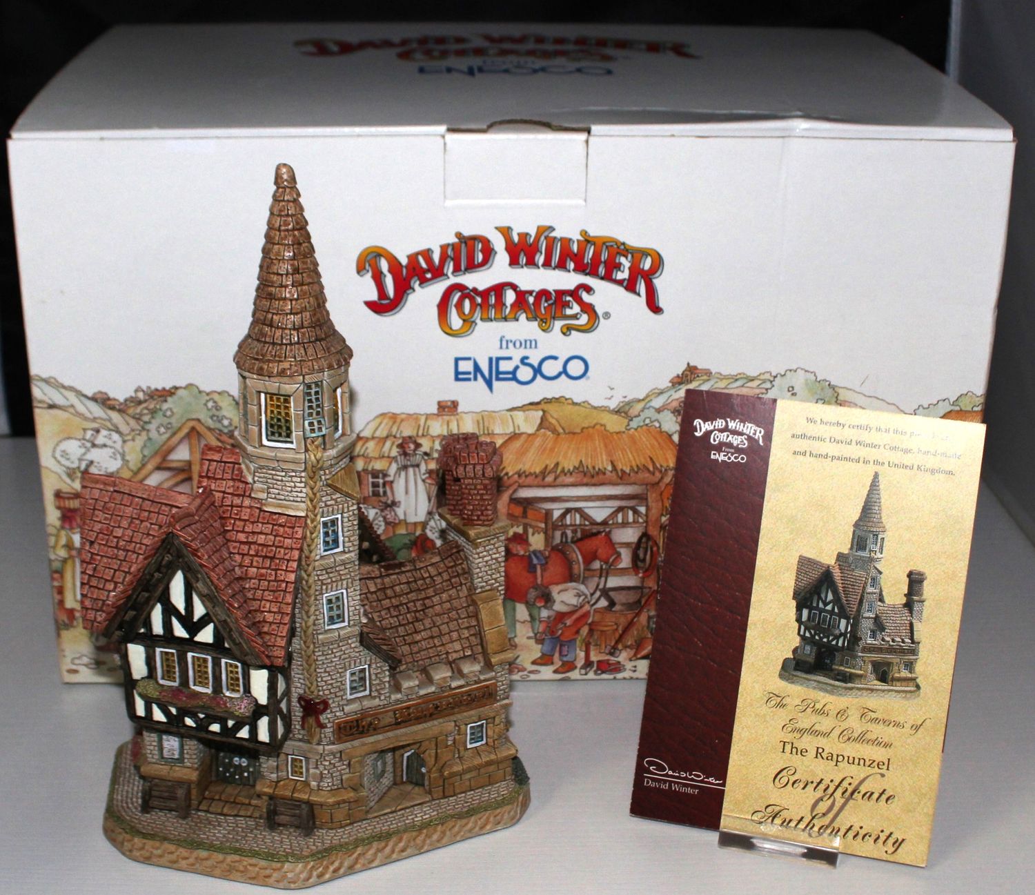 David Winter SIGNED Cottage &quot;Rapunzel&#39;s Tower&quot; 2000 Pubs &amp; Taverns in Box w/COA