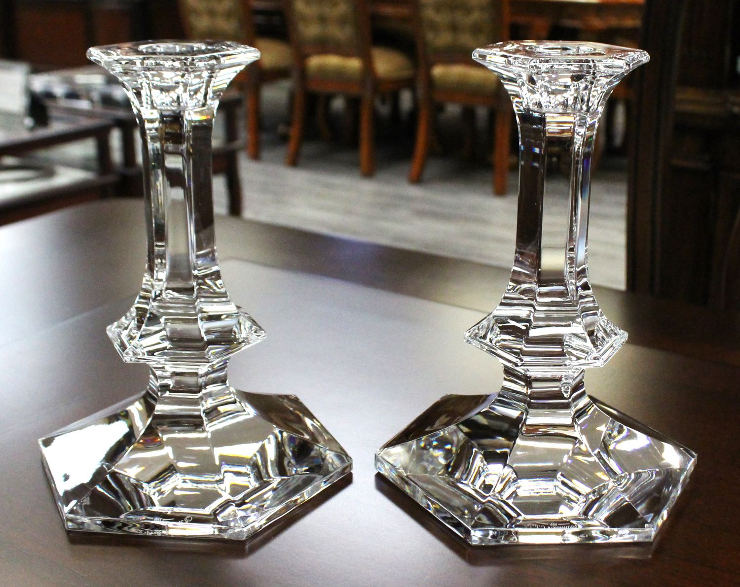 Pair of Val St. Lambert ELYSEE 6.5” Tall Crystal Candlestick Holders, Signed