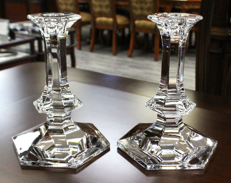 Pair of Val St. Lambert ELYSEE 6.5” Tall Crystal Candlestick Holders, Signed
