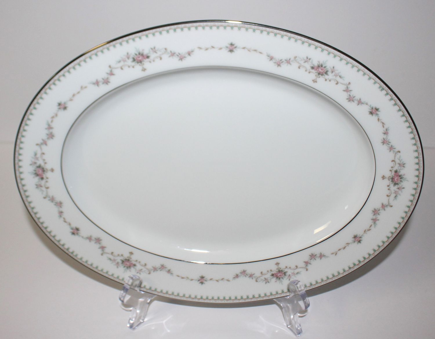 Noritake Fairmont 6102 Pink Flowers Platinum Trim 11&quot; Oval Serving Platter