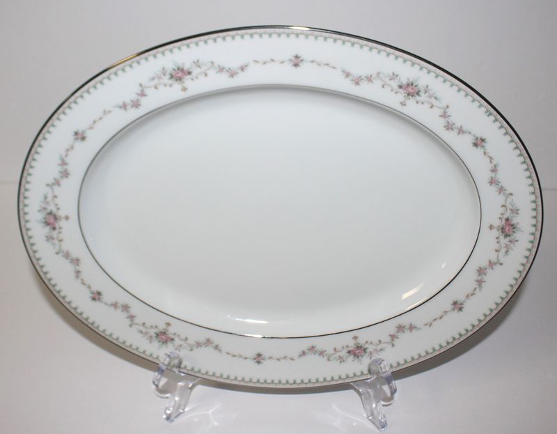 Noritake Fairmont 6102 Pink Flowers Platinum Trim 11&quot; Oval Serving Platter
