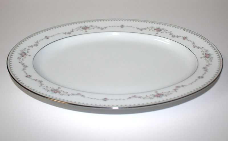 Noritake Fairmont 6102 Pink Flowers Platinum Trim 11" Oval Serving Platter