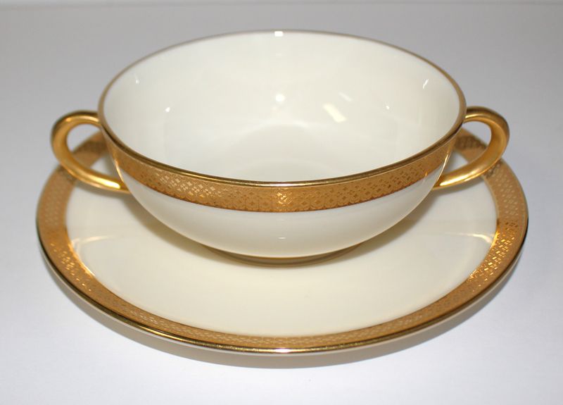 Lenox "T6" Double Handled Cream Soup Bowl and Saucer Set, Gold Encrusted Band