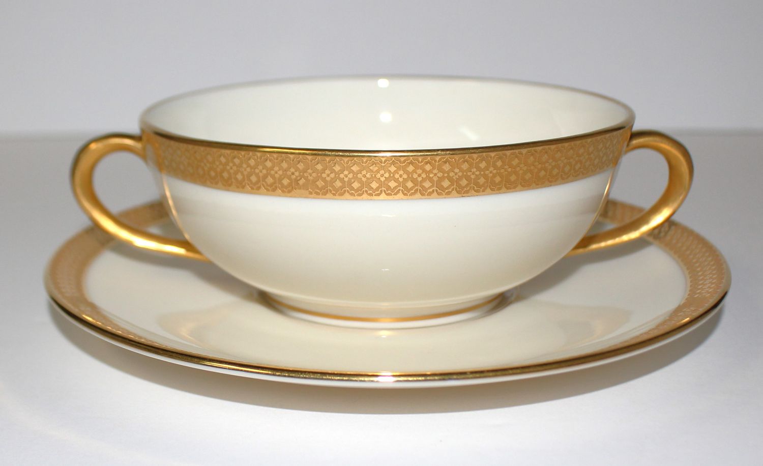 Lenox &quot;T6&quot; Double Handled Cream Soup Bowl and Saucer Set, Gold Encrusted Band