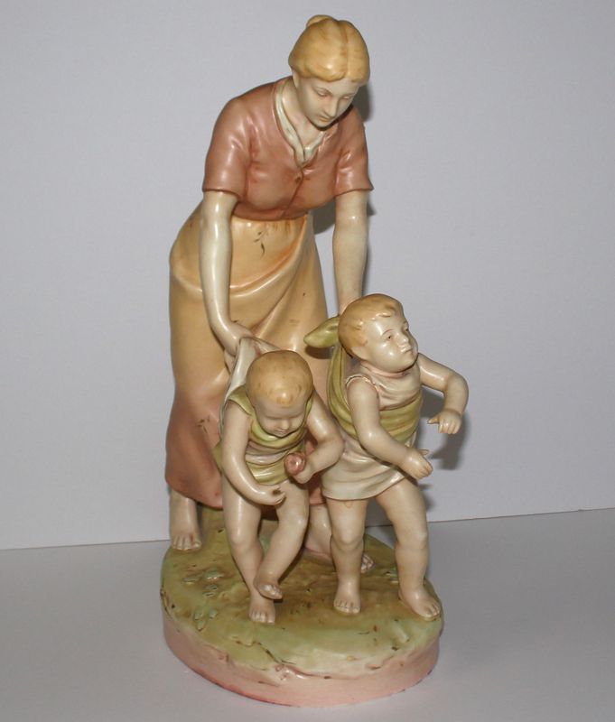 Royal DUX Porcelain Large 18” Figure of a Mother and Two Boys