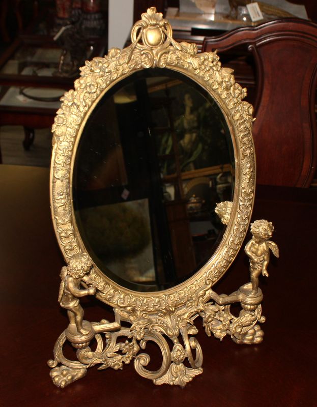 Antique French 19th Century Victorian Bronze Cherubs Tabletop Vanity Mirror