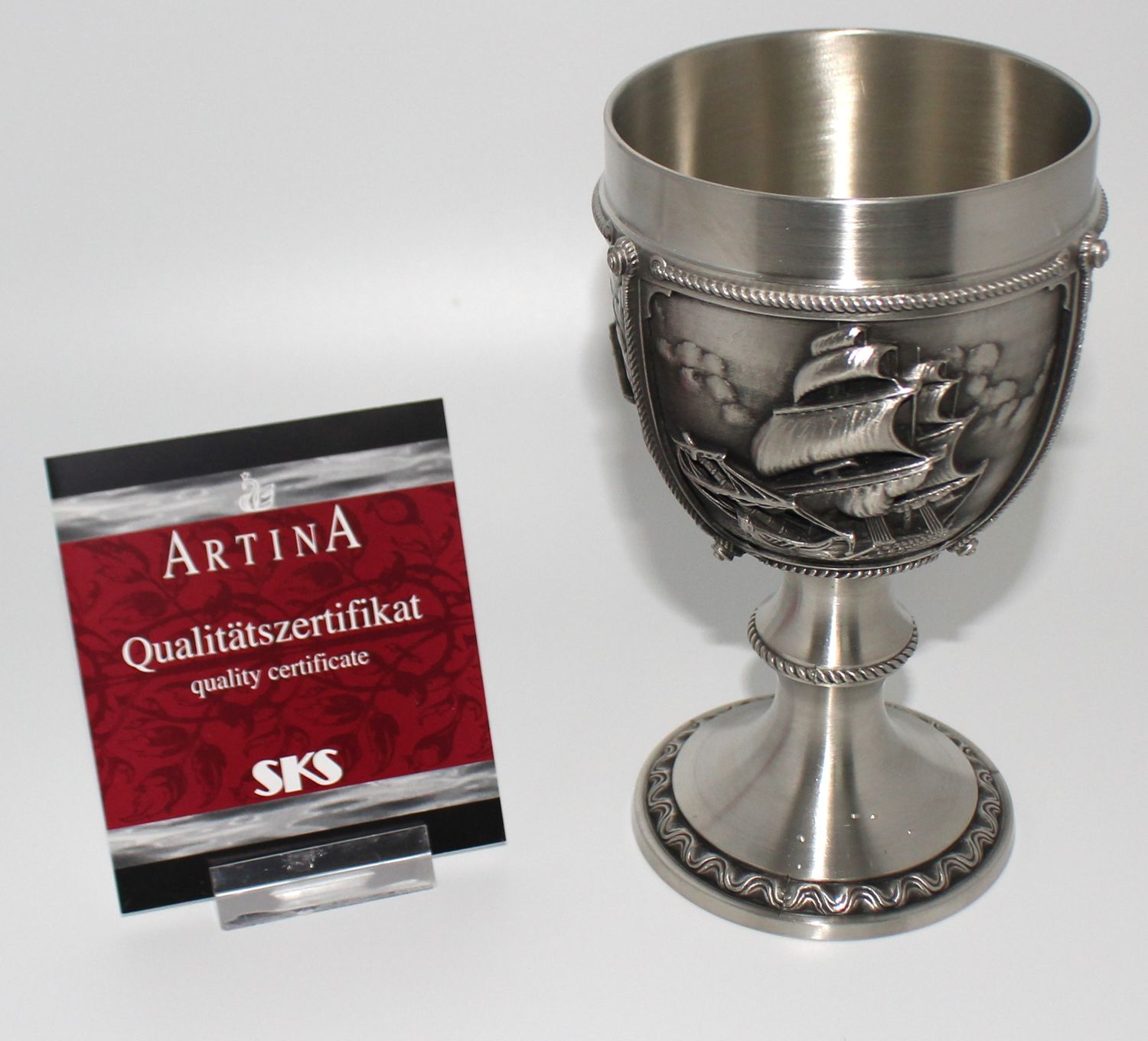 German La Paloma Pewter &quot;Ship Motif&quot; Chalice Goblet in Original Packaging