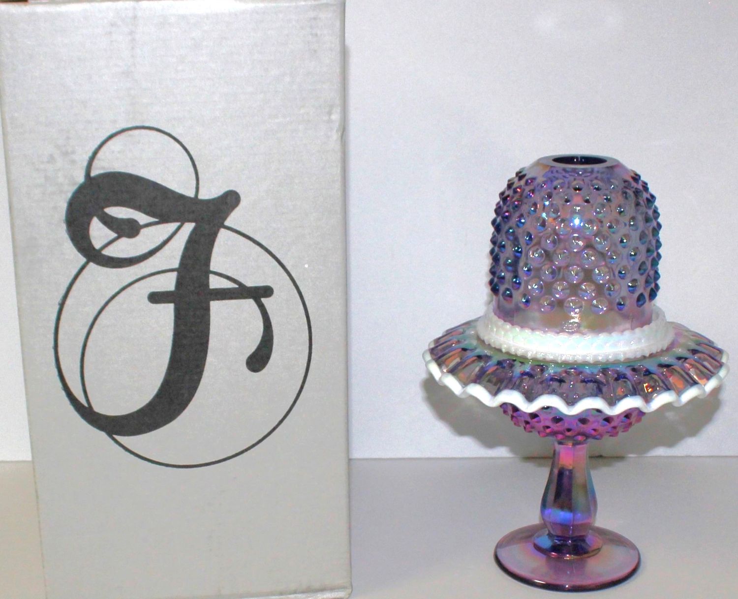 Fenton Glass Fairy Light Violet Iridescent Carnival Hobnail Snow Crest in Box
