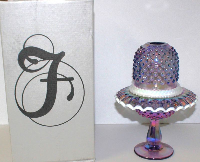 Fenton Glass Fairy Light Violet Iridescent Carnival Hobnail Snow Crest in Box