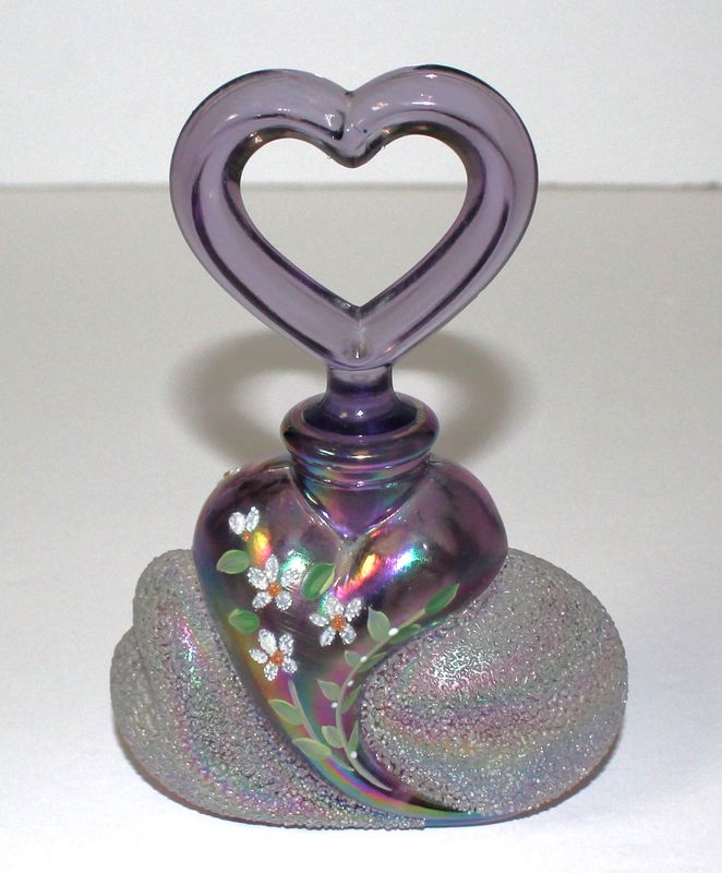 Fenton Amethyst Iridescent Art Glass Perfume Bottle with Heart Stopper, Signed
