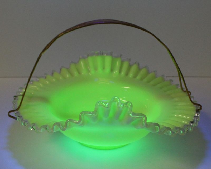Fenton Ivory Crest Custard Glass Crimped Centerpiece Bowl &amp; Brass Handle, GLOWS!