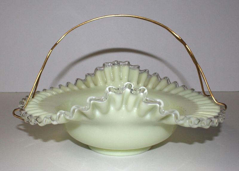 Fenton Ivory Crest Custard Glass Crimped Centerpiece Bowl &amp; Brass Handle, GLOWS!