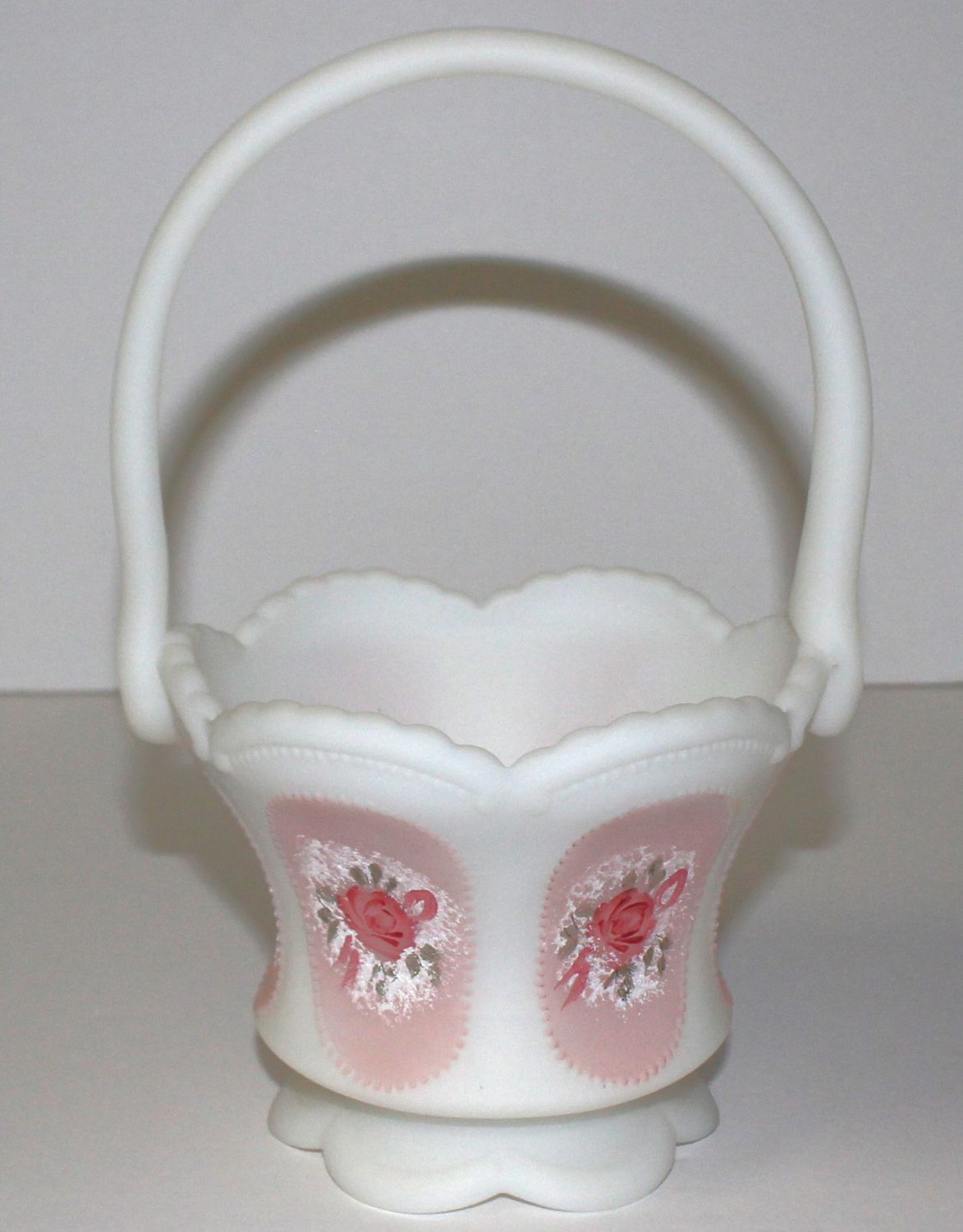 Fenton White Satin Milk Glass Victorian Rose 8” Footed Handle Basket, Signed