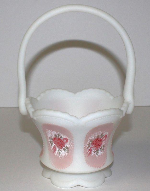 Fenton White Satin Milk Glass Victorian Rose 8” Footed Handle Basket, Signed