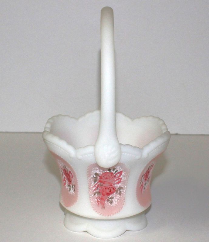 Fenton White Satin Milk Glass Victorian Rose 8” Footed Handle Basket, Signed