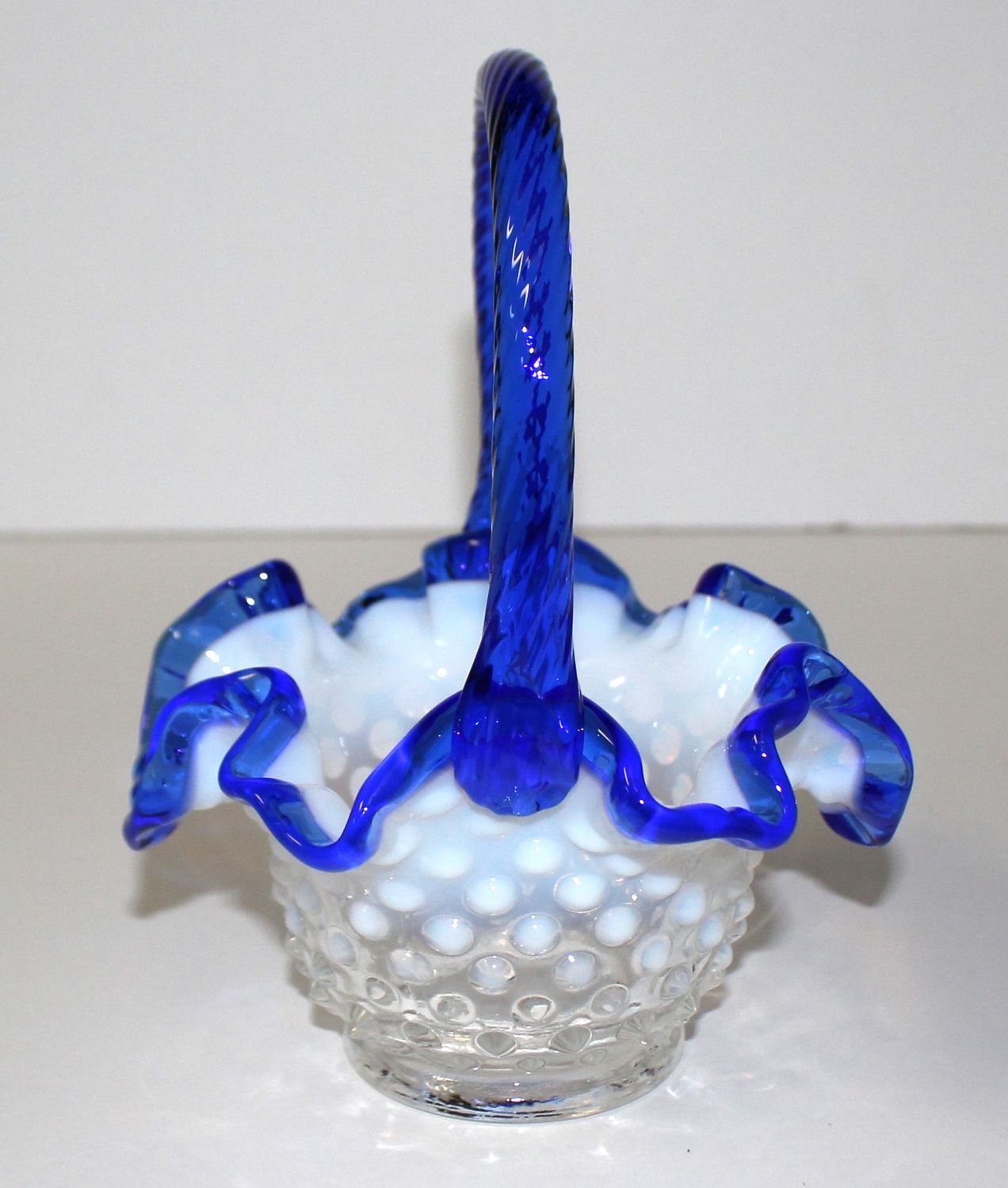 Fenton Cobalt Blue Crest Opalescent Hobnail Ruffle Edge 6.75” Tall Handle Basket