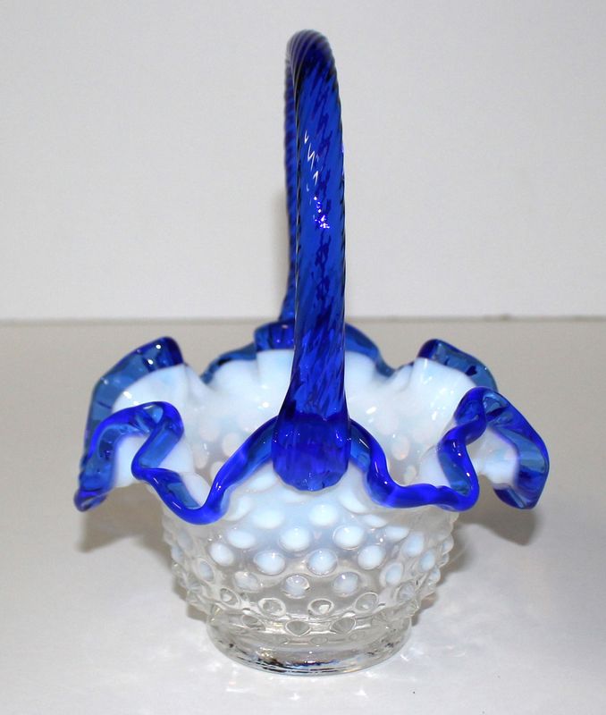 Fenton Cobalt Blue Crest Opalescent Hobnail Ruffle Edge 6.75” Tall Handle Basket