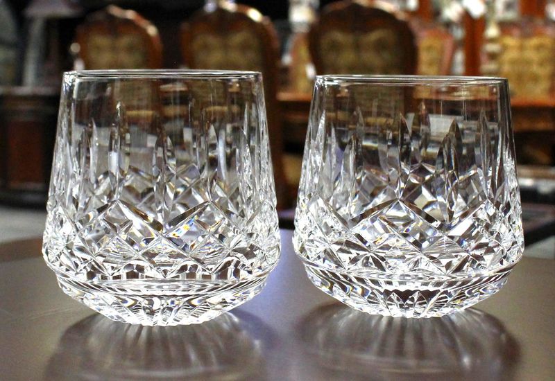 Set of 2 Lismore Waterford Crystal Roly Poly 9 Oz. Old Fashioned Whiskey Tumblers