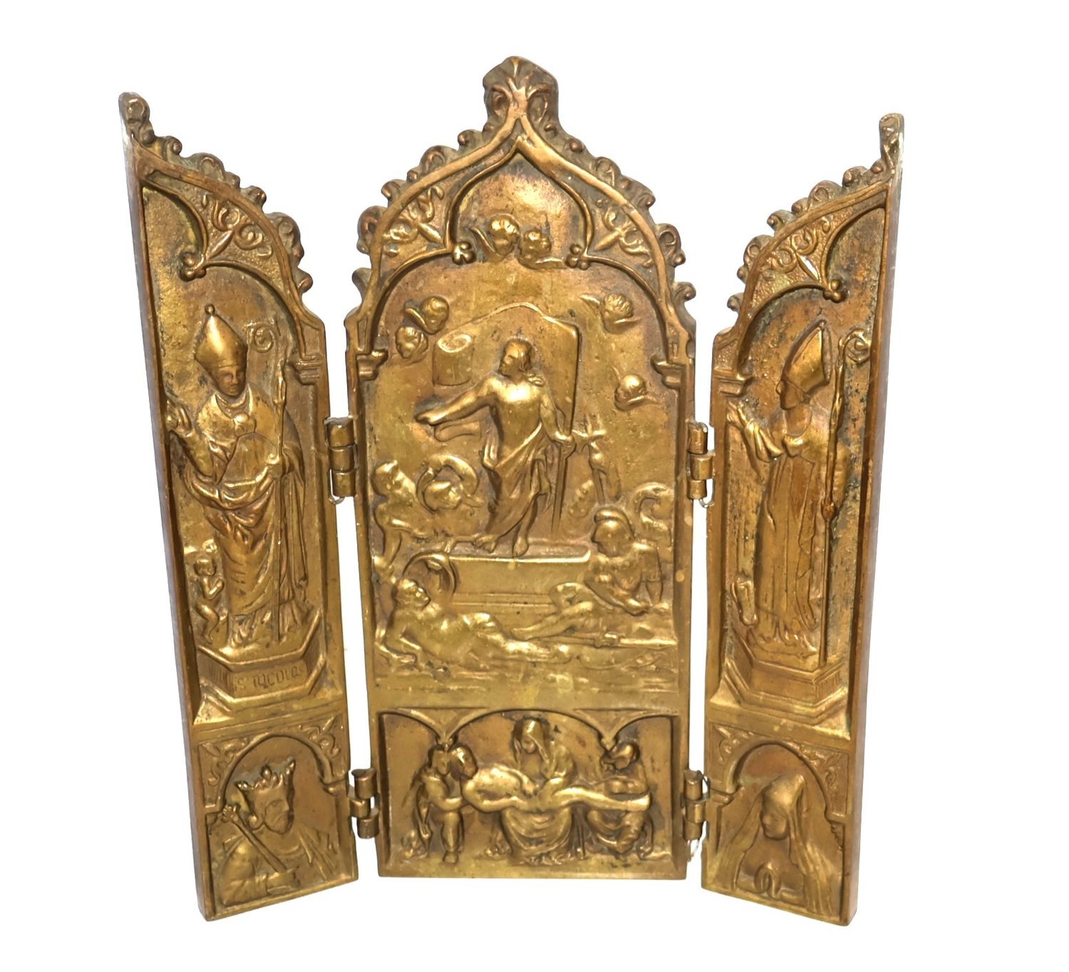 Antique 19th Century Heavy Bronze Resurrection Catholic Church Triptych Icon