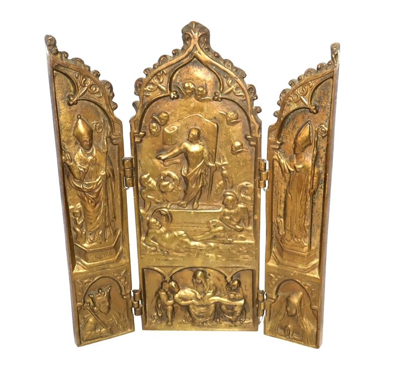 Antique 19th Century Heavy Bronze Resurrection Catholic Church Triptych Icon