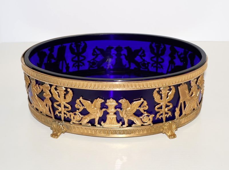 Antique French Louis XVI Cobalt Blue Crystal &amp; Gilt Bronze 10&quot; Centerpiece Bowl