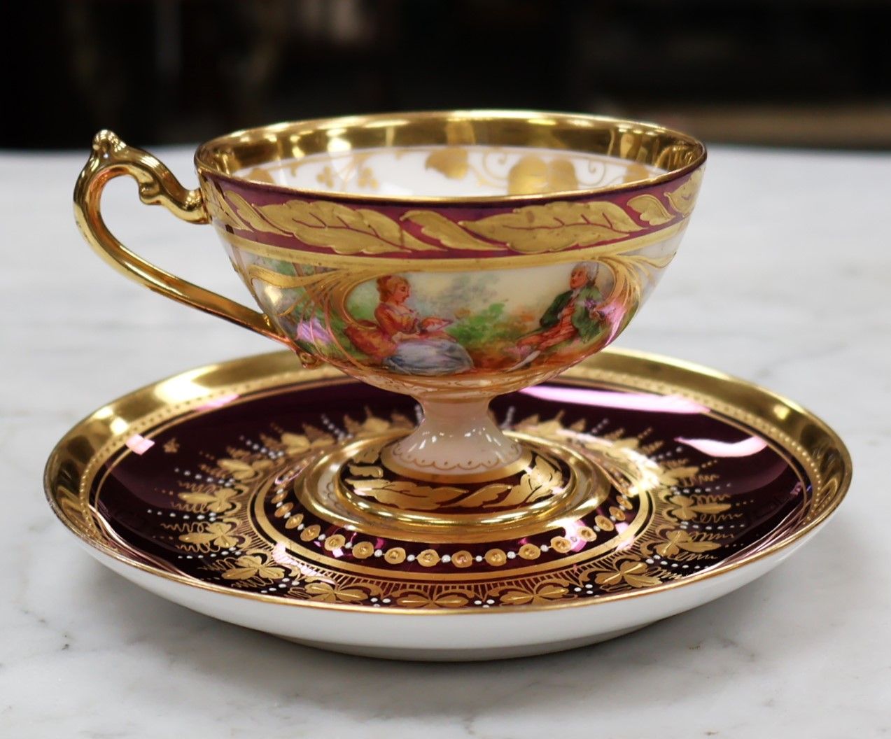 Dresden Ambrosius Lamm Courting Couple Scene Footed Demitasse Cup &amp; Saucer, RARE