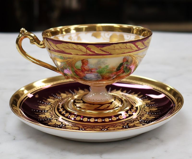 Dresden Ambrosius Lamm Courting Couple Scene Footed Demitasse Cup &amp; Saucer, RARE