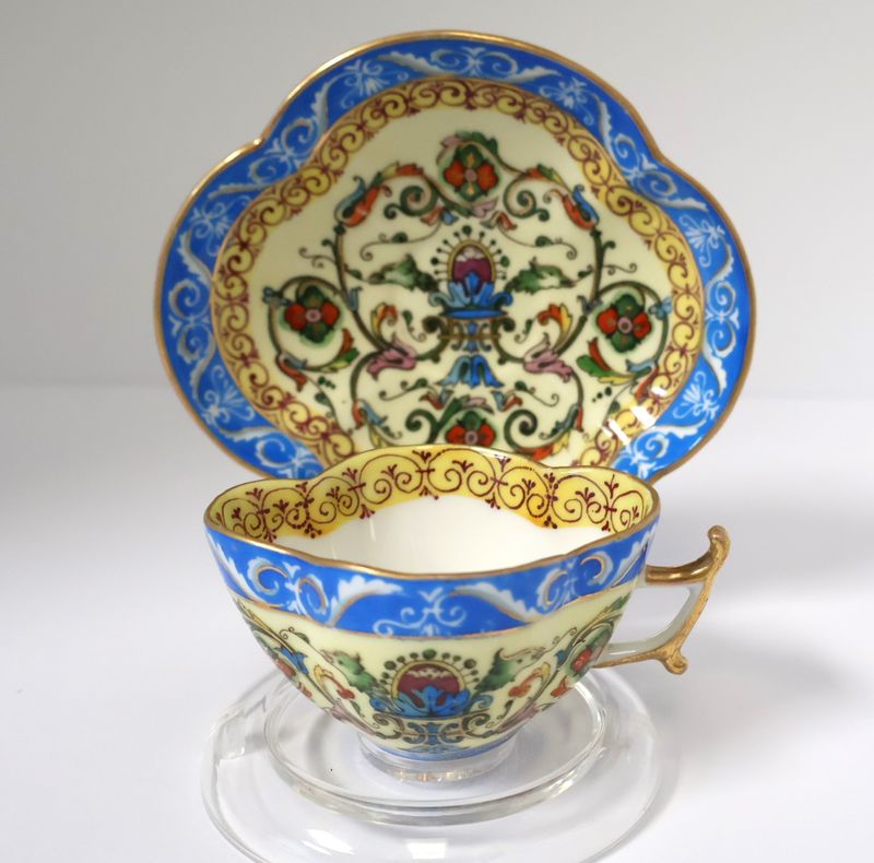 Dresden Quatrefoil Four Leaf Clover Shape Hand Painted Demitasse Cup and Saucer