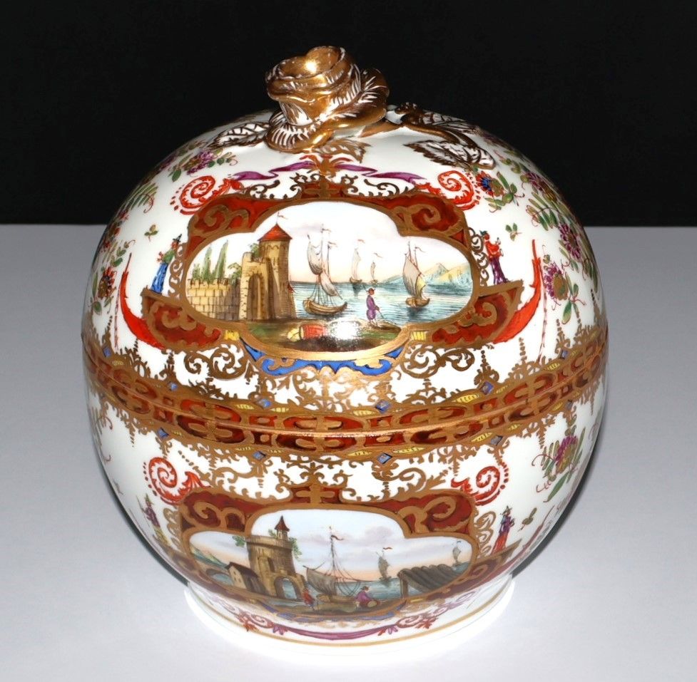 Antique Dresden Helena Wolfsohn Harbor Scene 7.5" Covered Bowl – Crown D Mark (1843-1878)
