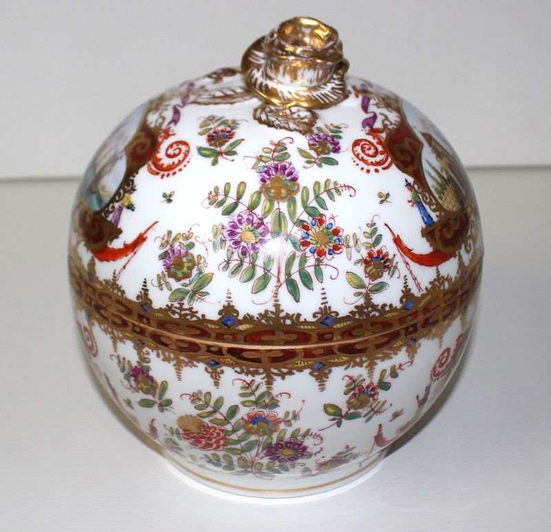Antique Dresden Helena Wolfsohn Harbor Scene 7.5" Covered Bowl – Crown D Mark (1843-1878)
