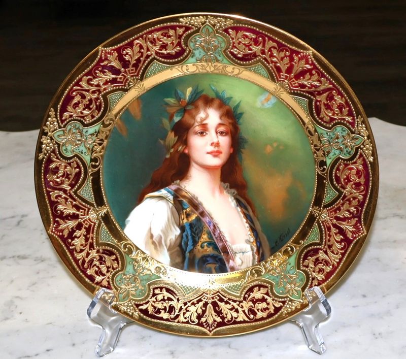 Dresden Hausmaler Hand Painted Portrait of Clementine 9.5” Cabinet Plate, Signed