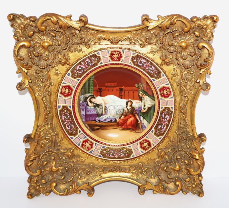 Royal Vienna 19th Century 9.5” Signed Plate of Queen Cleopatra in 14” Gilt Frame