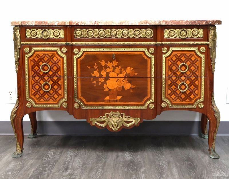 French Marquetry Inlaid Louis XV Style Marble Top Commode 3-Drawer Dresser