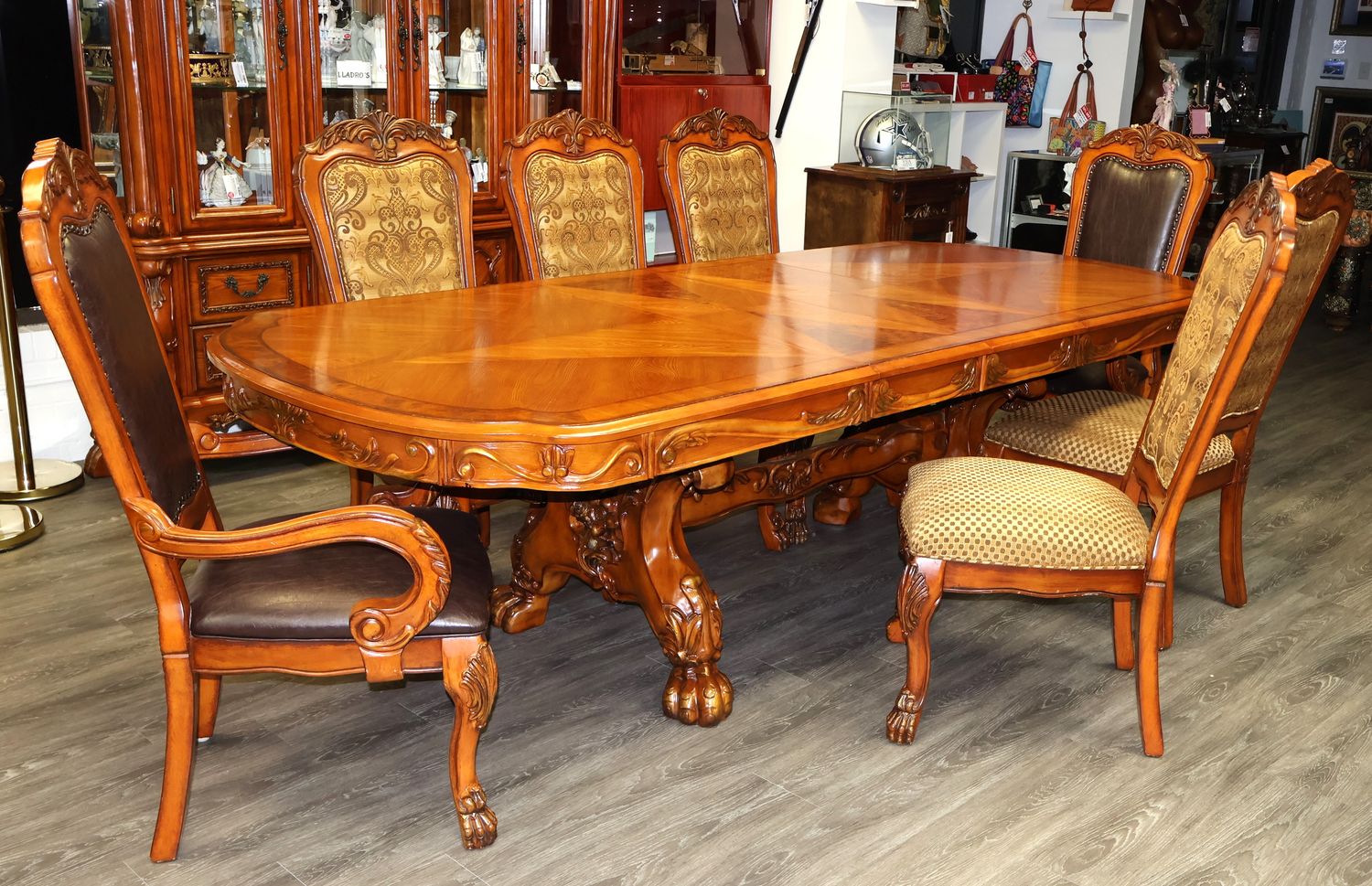 ACME Dresden 10-Piece Double Pedestal Dining Table, 2 Leaves, 8 Chairs &amp; China Cabinet