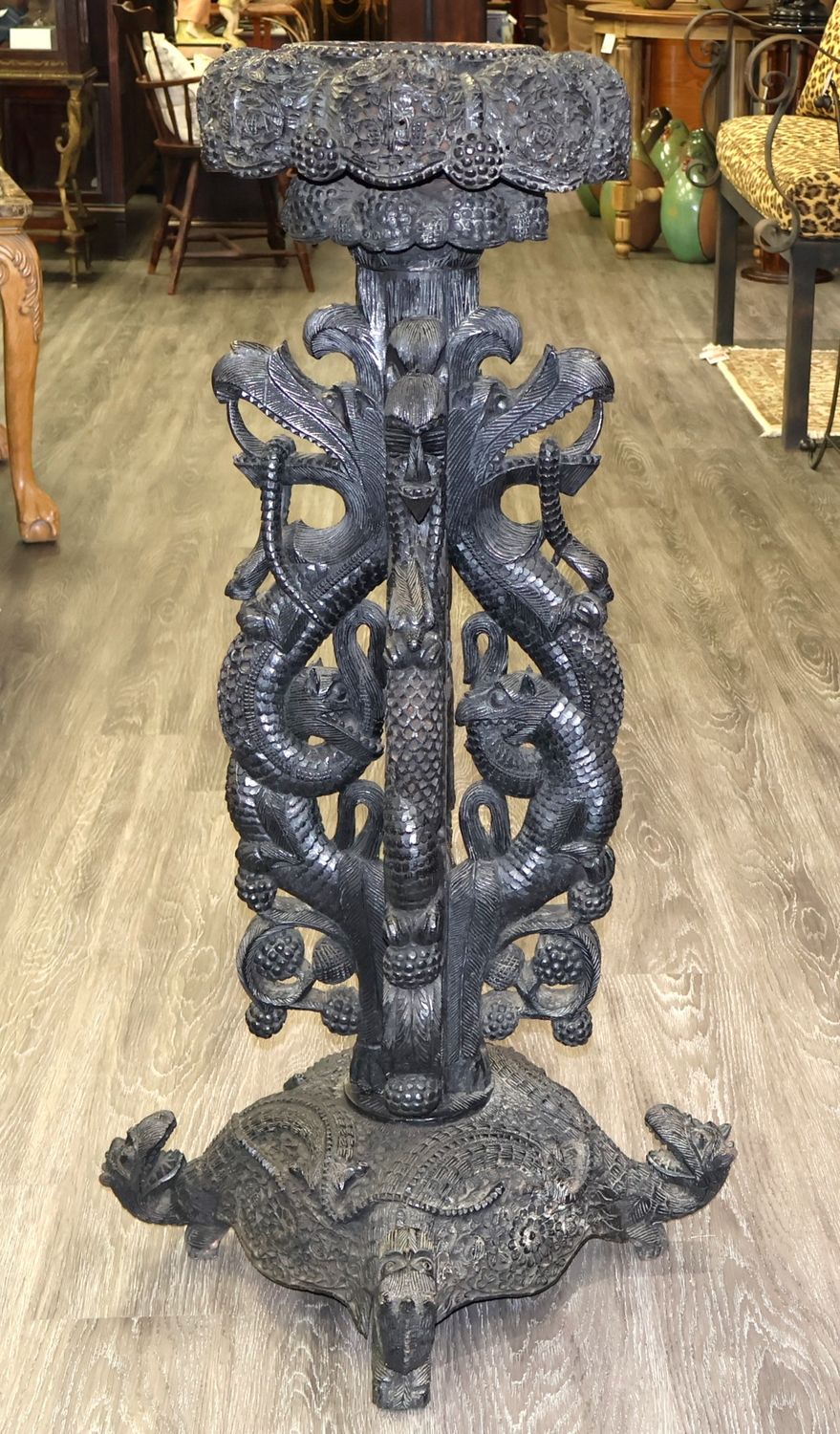 Anglo-Indian Bombay 19th Century Carved Blackwood Figural Jardiniere Plant Stand