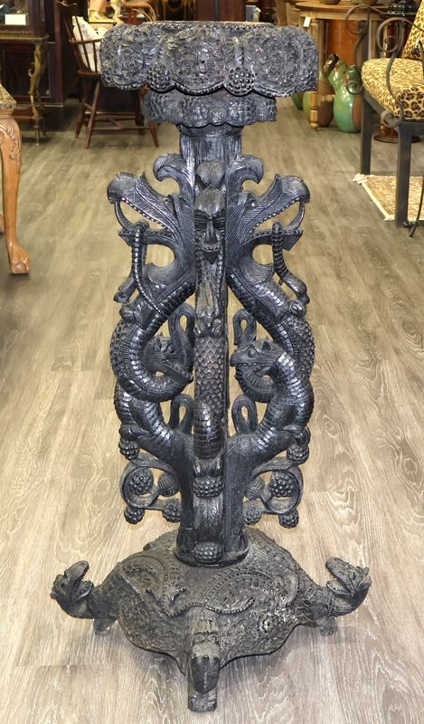 Anglo-Indian Bombay 19th Century Carved Blackwood Figural Jardiniere Plant Stand