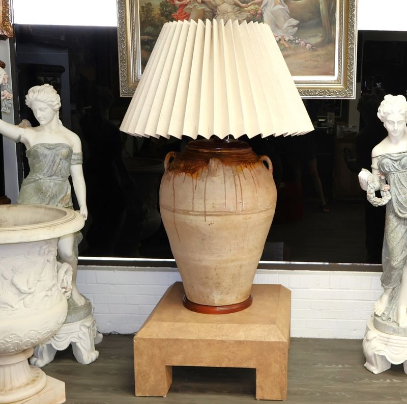 Enormous French 19th Century Terracotta Olive Oil Jar Lamp with Custom Raffia Shade &amp; Stand